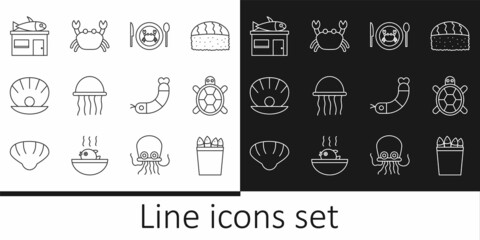 Set line Fishing bucket with fishes, Turtle, Served crab on a plate, Jellyfish, Shell pearl, Seafood store, Shrimp and Crab icon. Vector