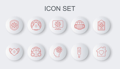 Set line House with heart inside, Medical protective mask, Corona virus on location, thermometer, Shield protecting from, Earth medical, and Human and icon. Vector