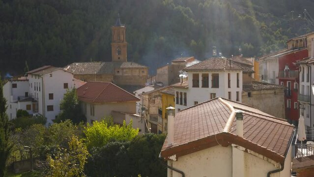 Arnedillo city view with iconic church tower, in Spain