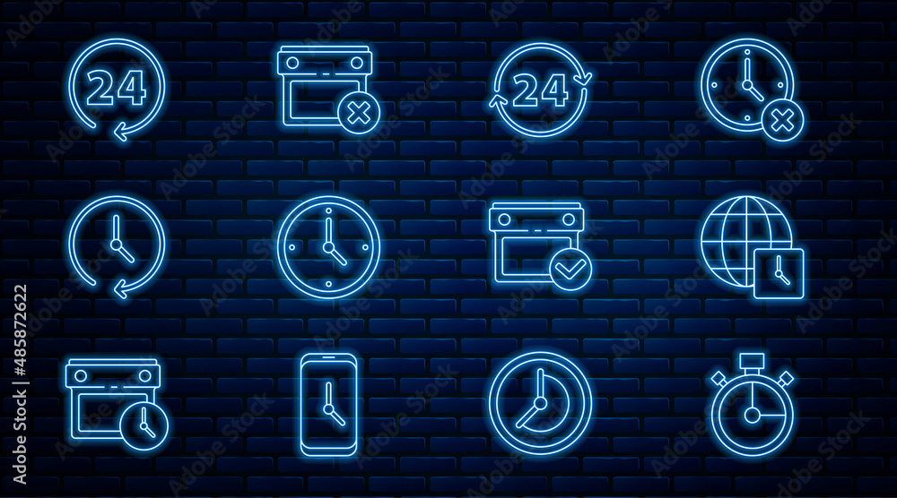 Poster set line stopwatch, world time, clock 24 hours, calendar with check mark and date delete icon. vecto