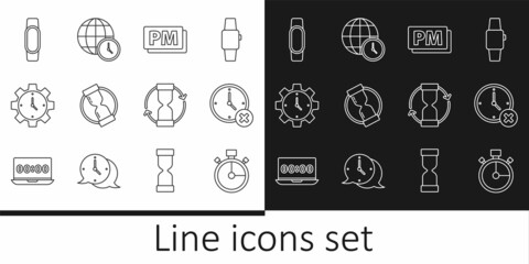 Set line Stopwatch, Clock delete, PM, Old hourglass, Time Management, Smartwatch, and World time icon. Vector