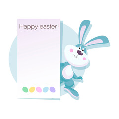 Cute Bunny. Easter vertical poster. Design funny character with a vertical poster on a light blue background and place for text. Greeting card. Vector illustration. 