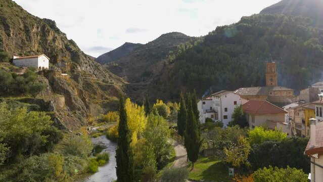 Arnedillo city view with iconic church tower, in Spain