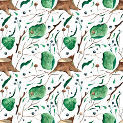 Watercolor floral seamless pattern. Forest