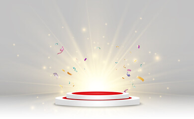 Round podium, pedestal or platform, illuminated by spotlights in the background. Vector illustration. Bright light. Light from above. Advertising place