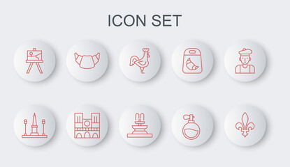 Set line Fleur De Lys, Place La Concorde, French rooster, Perfume, Easel painting art boards, Croissant, Notre Dame and Fountain icon. Vector