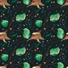 Watercolor floral seamless pattern. Forest