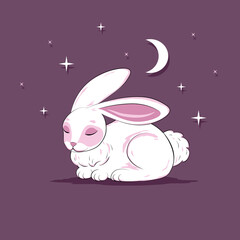 Sleepy baby rabbit with sweet dreams in cartoon style. Wild magical furry pet under midnight moon and stars. Beautiful little white holiday Easter bunny. Childish vector illustration.