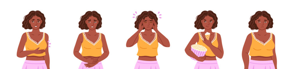 Symptoms of premenstrual syndrome. Black women suffering from sensitive breast, abdominal pain, headache, food craving and and fluid retention. Vector hand drawn flat illustration.
