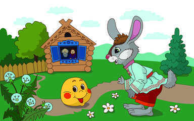 Illustration for russian traditional fairy tale Kolobok. Characters of children tale. Kolobok met a hare. Vector illustration for kids products, books or postcards