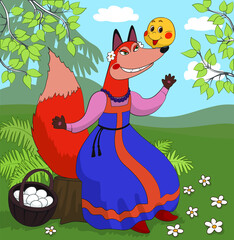 Illustration for russian traditional fairy tale Kolobok. Characters of children tale. Kolobok met a fox. Vector illustration for kids products, books or postcards