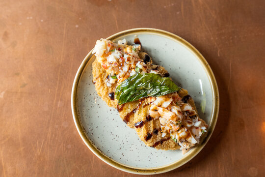 Fried Green Tomatoes With Shrimp And A Balsamic Drizzle