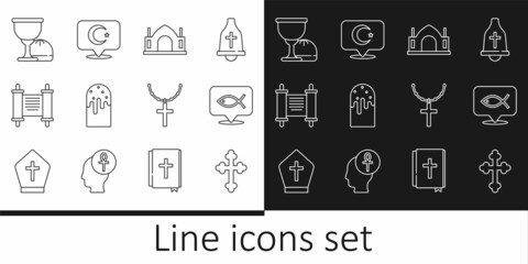 Set line Christian cross, fish, Hindu spiritual temple, Easter cake, Decree, paper, parchment, scroll, Holy grail or chalice, on chain and Star and crescent icon. Vector