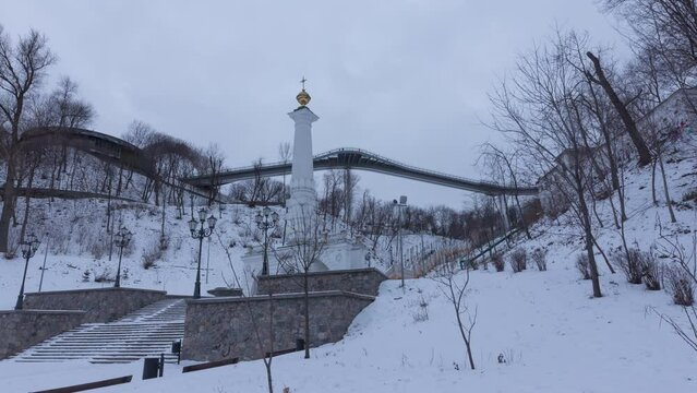 Time lapse of the Column of Magdeburg Law in Kiev, Ukraine. Day to night smooth transition. The Column of Magdeburg Law in Kiev was built in 1802.