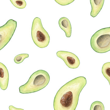 Seamless pattern with avocado halves. Ripe and tasty fruit. Hand drawn watercolor illustration. Image for kitchen decoration, food design, wrapping paper, textile.