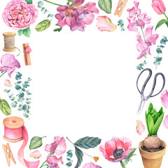 Beautiful card with flowers. Floral theme and romantic design. Anemone, rose, peony, freesia and florist accessories. Frame for an inscription. Image for invitation, poster, business card, lettering.