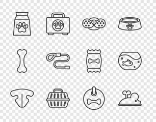 Set line Cat nose, Clockwork mouse, Pet carry case, Bag of food for pet, Retractable cord leash, Dog collar and Aquarium with fish icon. Vector