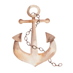Watercolor illustration of hand painted brown anchor with chain for ship, vessel, boat. Marine item for sea, ocean. Isolated on white design clip art element for textile print, summer card, poster