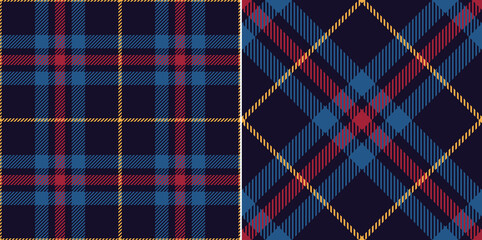 Plaid pattern print in blue, red, yellow. Seamless simple textured dark tartan check plaid vector illustration for autumn winter flannel shirt, skirt, blanket, duvet cover, other modern fabric design.