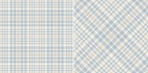 Glen plaid pattern for dress, jacket, skirt, trousers, blanket. Seamless herringbone abstract tweed tartan check in pale blue and beige for spring autumn winter modern fashion fabric print.