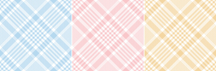 Tweed check plaid pattern in pastel colorful blue, pink, yellow, white. Seamless diagonal glen set for Easter holiday tablecloth, picnic blanket, duvet cover, other modern spring summer textile print. - 485875826