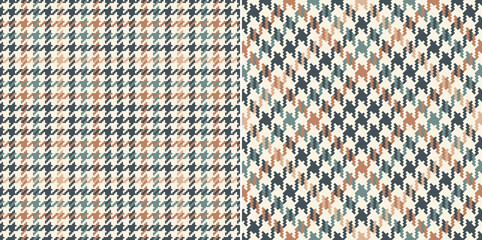 Check plaid pattern tweed in grey, beige, brown orange. Seamless pixel textured hounds tooth tartan set for scarf, jacket, coat, skirt, dress, other modern spring summer autumn winter textile print. - obrazy, fototapety, plakaty