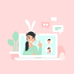 Easter operator with bunny ears. Webinar, online class, remote team work concept. Learn and study via teleconference or video course. Holiday consulting, job online, internet.