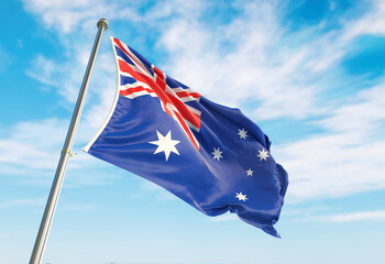 3d rendering Australia flag waving in the wind on flagpole. Perspective wiev Australia flag waving...