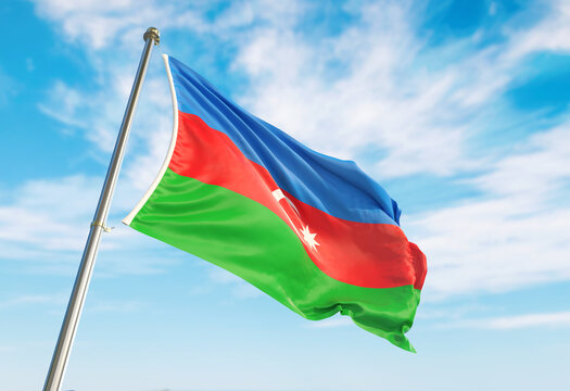 3d rendering Azerbaijan flag waving in the wind on flagpole. Perspective wiev Azerbaijan flag waving a blue cloudy sky