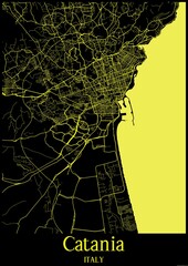 Black and Yellow map of Catania Italy.