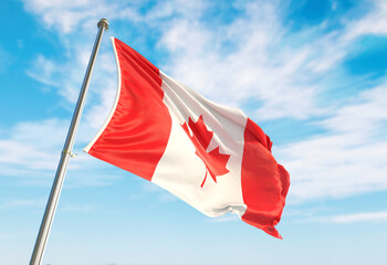 3d rendering Canada flag waving in the wind on flagpole. Perspective wiev Canada flag waving a blue cloudy sky