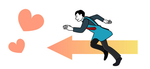 スーツの上にエプロンを着けて猛ダッシュする男性（男女共同参画、家事と仕事の両立を視覚的にわかりやすくイメージするために、スーツの上にエプロンを着けています。定時に仕事を終えて愛する家族の待つ家に帰るイメージです。）