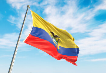 3d rendering Colombia flag waving in the wind on flagpole. Perspective wiev Colombia flag waving a blue cloudy sky
