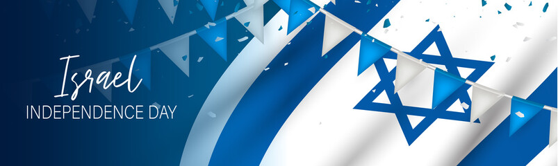 Israel Independence Day banner or site header. National holiday design template. Israeli symbolics background with blue and white flag and bunting. Vector illustration.