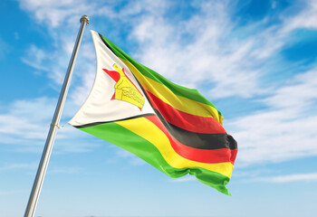 3d rendering Zimbabwe flag waving in the wind on flagpole. Perspective wiev Zimbabwe flag waving a blue cloudy sky