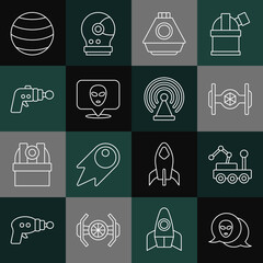 Set line Alien, Mars rover, Cosmic ship, Space capsule, Ray gun, Planet and Radar icon. Vector