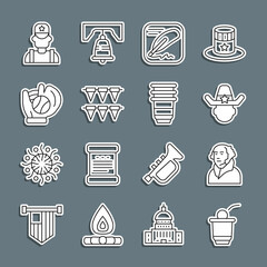 Set line Beer pong game, George Washington, Sheriff cowboy, Declaration of independence, Carnival garland with flags, Baseball glove ball, and Paper glass icon. Vector