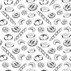 Hand drawn seamless pattern of sketched bread and bakery