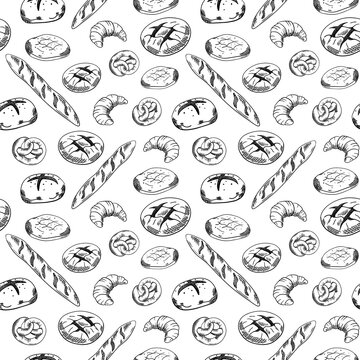 Hand drawn seamless pattern of sketched bread and bakery