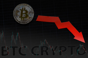 Depreciation of virtual money bitcoin. Red arrow and silver Bitcoin on black paper forex chart index rating go down on exchange market background. Concept of depreciation of cryptocurrency.