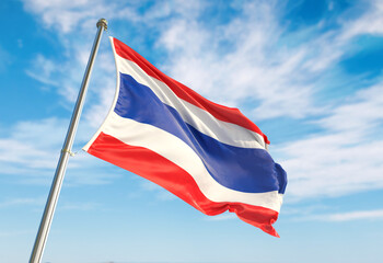 3d rendering Costa Rica flag waving in the wind on flagpole. Perspective wiev Costa Rica flag waving a blue cloudy sky