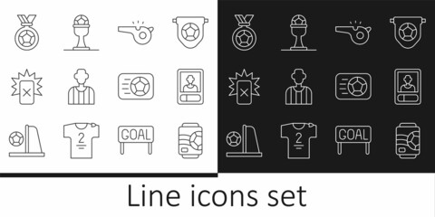 Set line Beer can, Football or soccer card, Whistle, referee, Red football, medal, Soccer and Award cup and icon. Vector