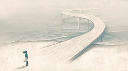 Way hope dream ambition freedom and success concept art, conceptual 3d illustration, surreal artwork, woman alone with the road and the sea, imagination painting.