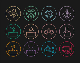 Set line Diving mask and snorkel, Sailor captain, Compass, Iceberg, Periscope, Boat propeller, Binoculars and Wind rose icon. Vector