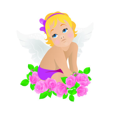 Valentine's Day. Girl child angel cupid with white wings, blond hair, blue eyes in pink clothes sits in rose flowers. Isolated vector illustration on white background