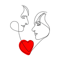 Poster with faces of a man, a woman and a heart, drawn in one line. Valentines day, women and men.