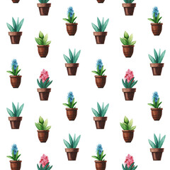 Watercolor seamless pattern with spring flowers in pots. Pink and blue hyacinths.