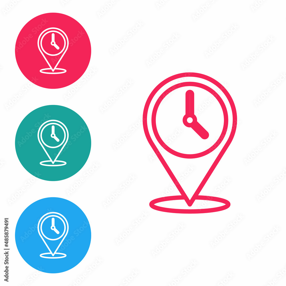 Aufkleber red line location with clock icon isolated on white background. set icons in circle buttons. vector