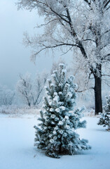 Winter landscape with snow covered fir trees and tall trees at grey sky