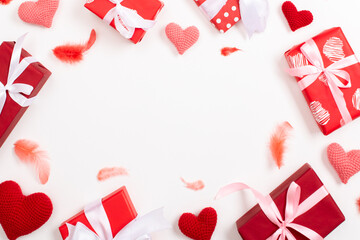 A holiday card with red accessories for a holiday, a party. A frame for a banner for Valentine's Day. Background on February 14. Space for copying. Flat position, top view